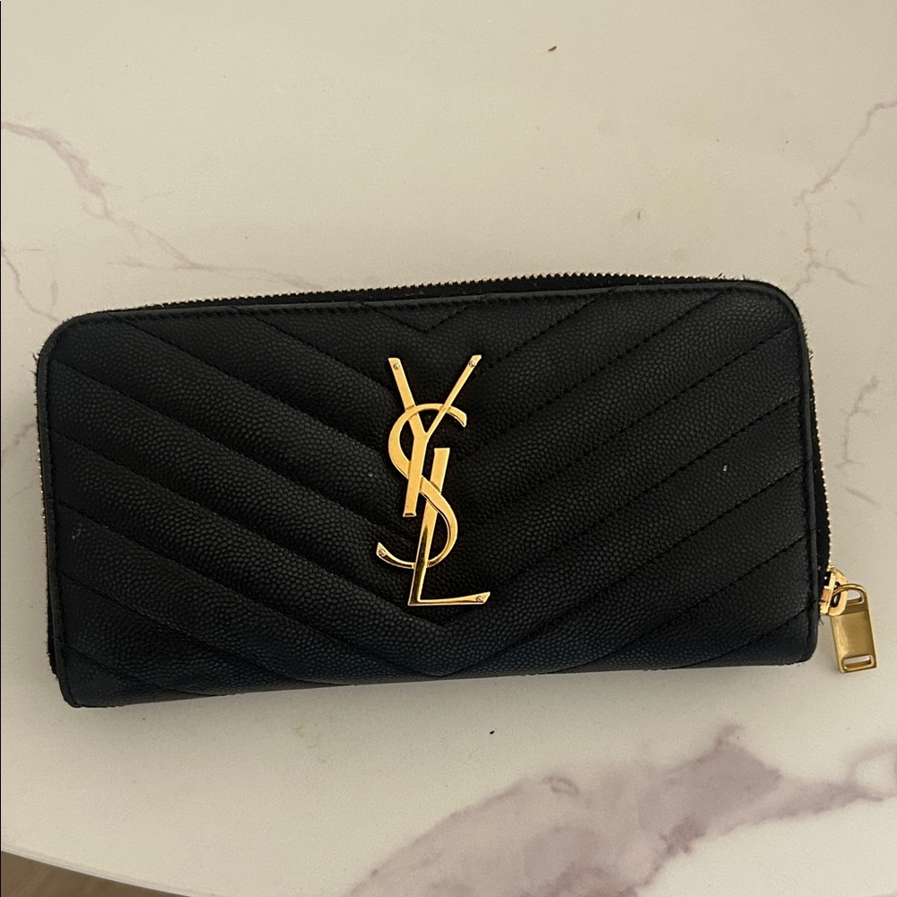 Yves Saint Laurent Black Quilted Wallet with Gold Logo